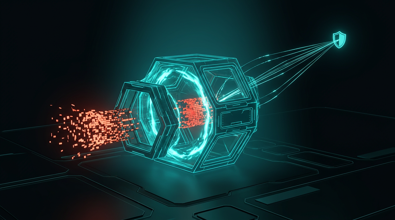 A hostile data packet being pulled into an isolated containment chamber while tokenized tracer lines flow toward a government shield.